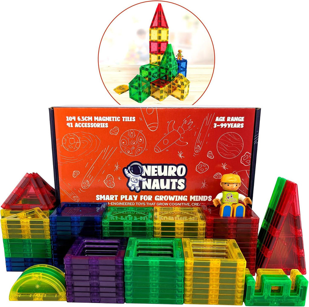 104 Magnetic Tiles Building Blocks Set for Kids + Bonus Connectors & Figurine | STEM Educational Magnetic Building