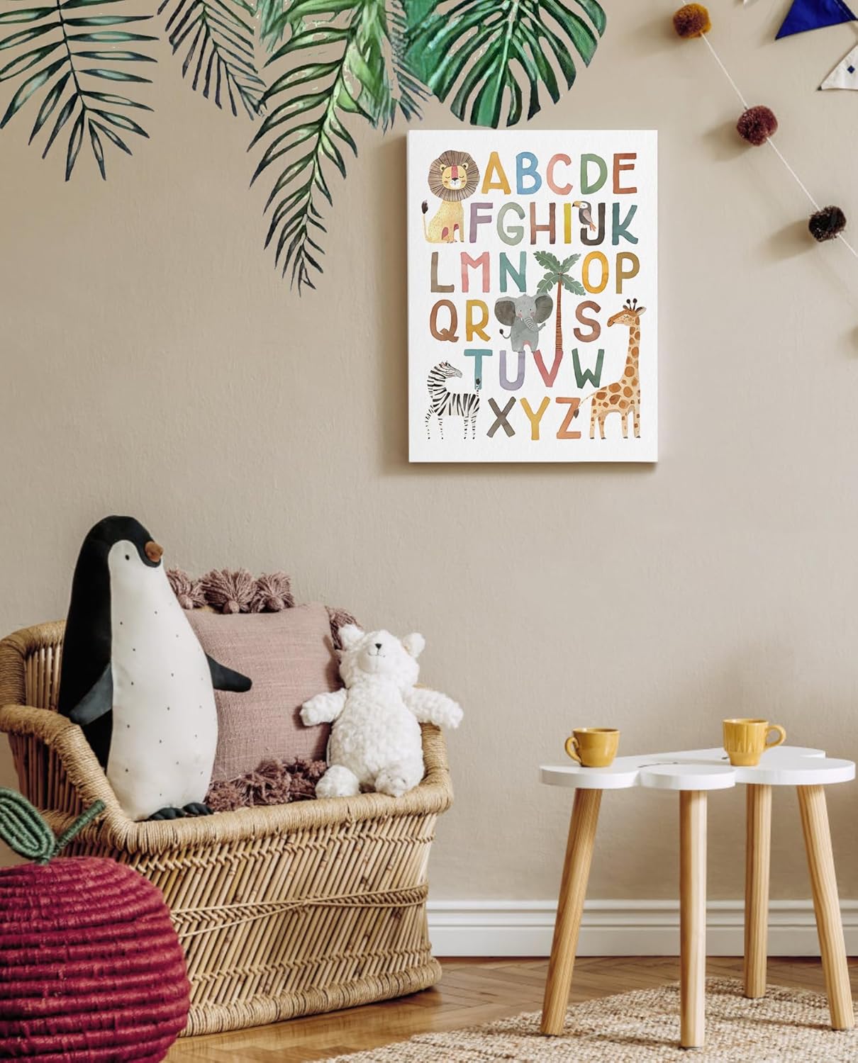ABC Poster Nursery Wall Decor: Boho Alphabet Art for Classroom Wall, Safari Animal Kids Wall Art, ABC Letters Print