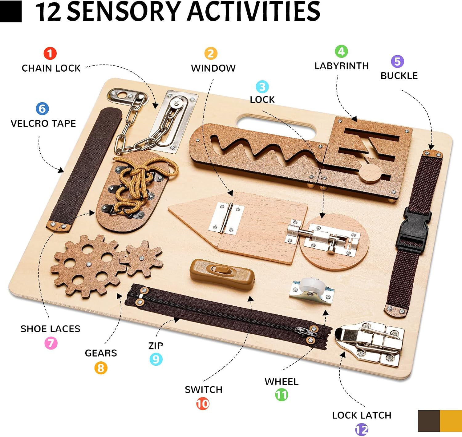 Montessori Busy Board for Toddlers, Wooden Sensory Toys, Preschool Learning Activities for Fine Motor Skills Travel
