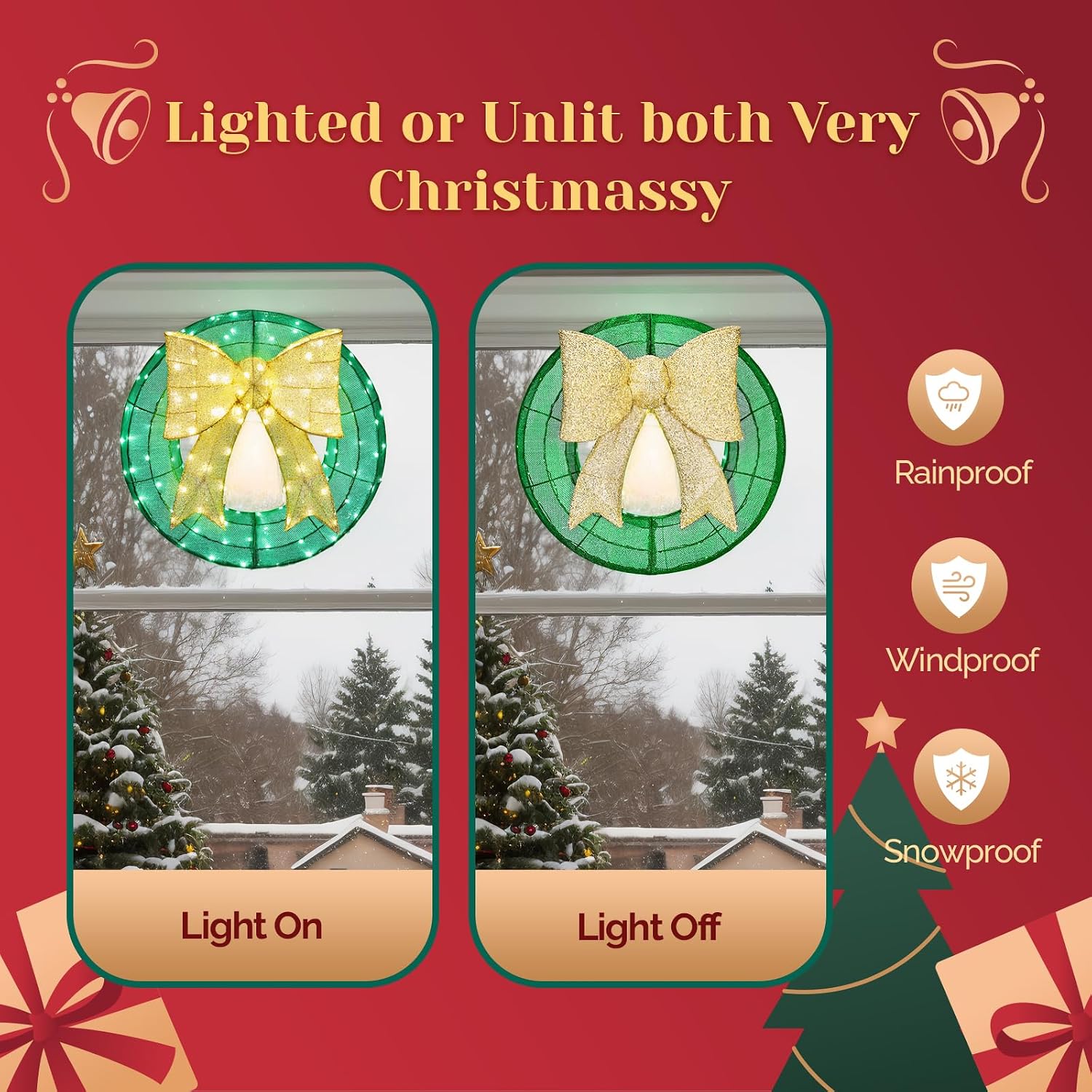 24in Pre Lit Christmas Wreath for Front Door Mantel & Stair Railing with Lights Indoor Outdoor Doorway Decor