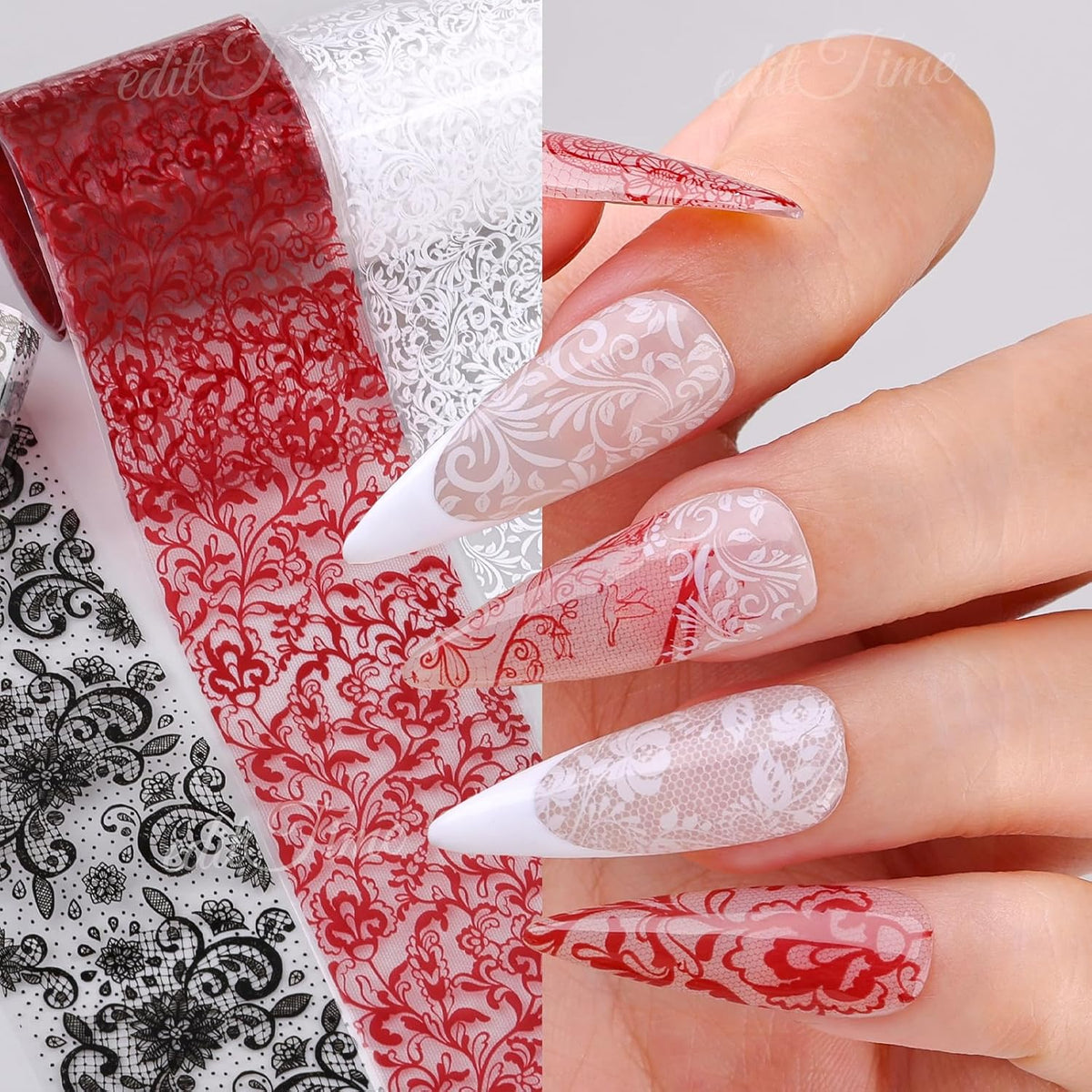 Lace Nail Foil Transfer Sheets, 10 Rolls Black White Red Flower Nail Art Transfer Foils Decals, Flower Nail Art Foils