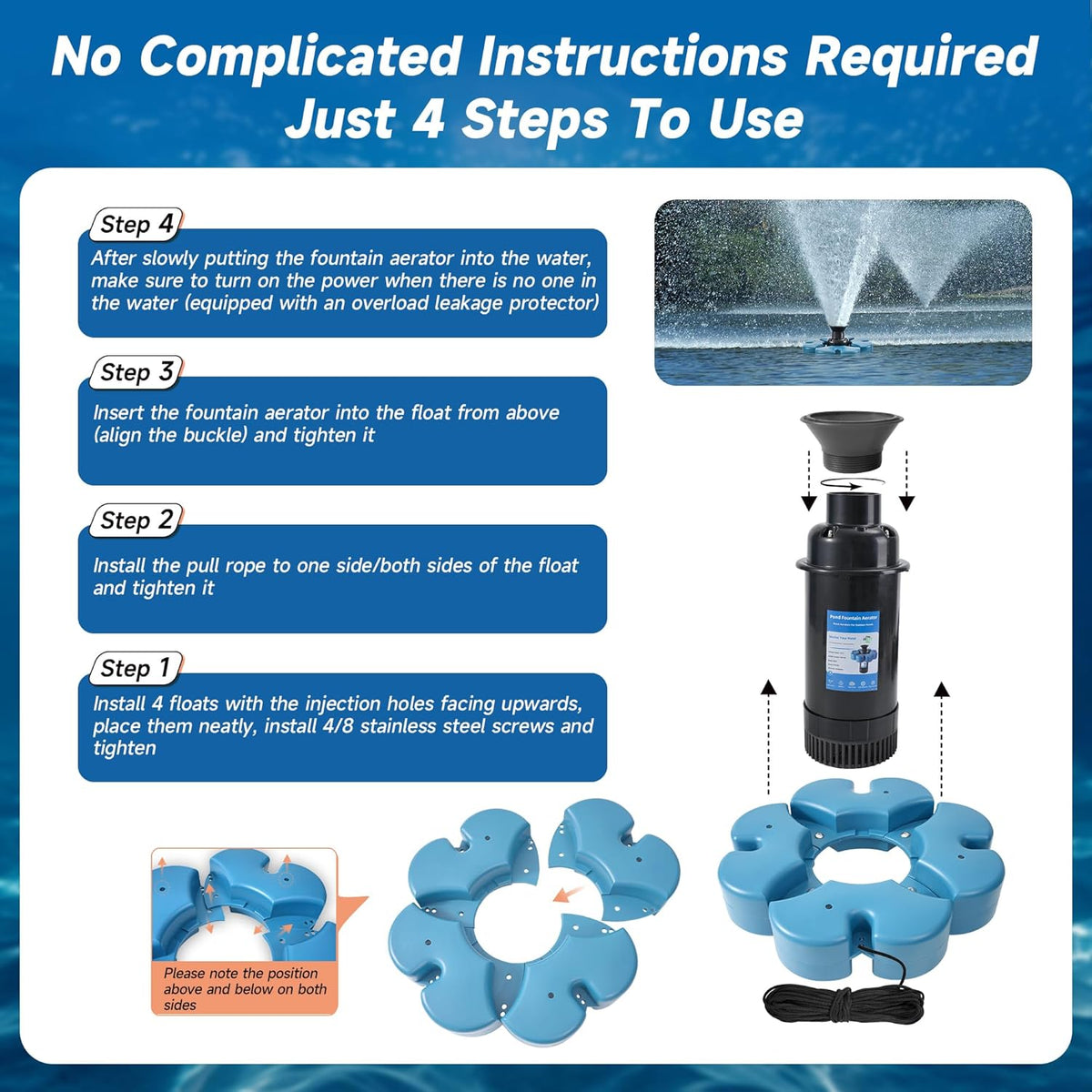 Pond Fountain Aerator, 1HP 110V 15000 GPH Fountain Pump, Fully Automatic Powerful Lake Floating Fountain, 100 FT