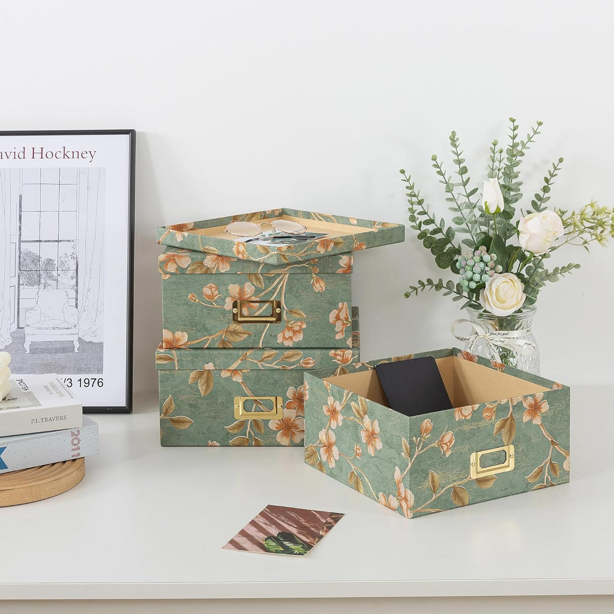 Decorative Storage Boxes with Lids, Set of 3, Botanical Sage