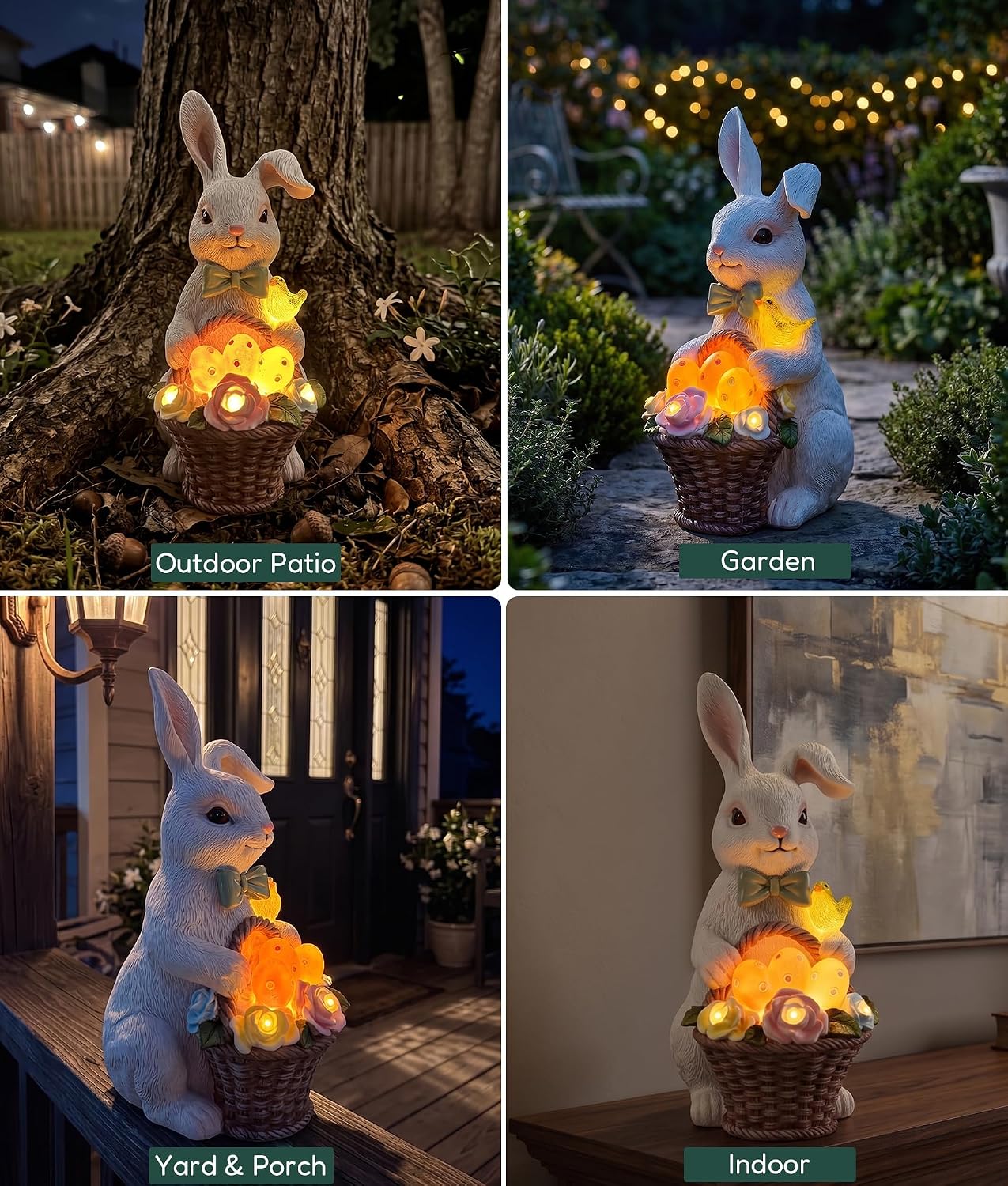 Solar Rabbit Garden Statue, Lighted Outdoor Bunny Yard Decor Gift | Glowing eggs and rose basket, hand-painted resin
