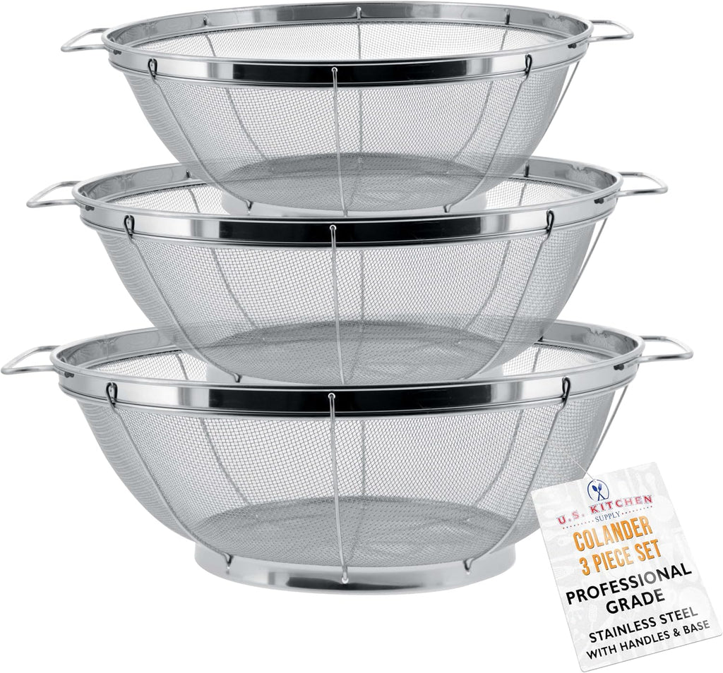 U.S. Kitchen Supply Set of 3 Stainless Steel Colander Strainers Net Baskets