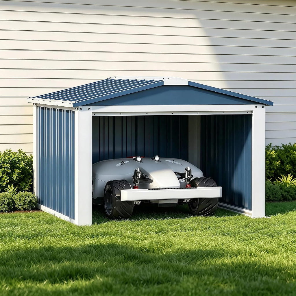 Metal Robot Mower Garage, 3 x 3 FT, Blue | Open-front steel shelter for robotic mowers; 33.07"D x 33.14"W x 24"H