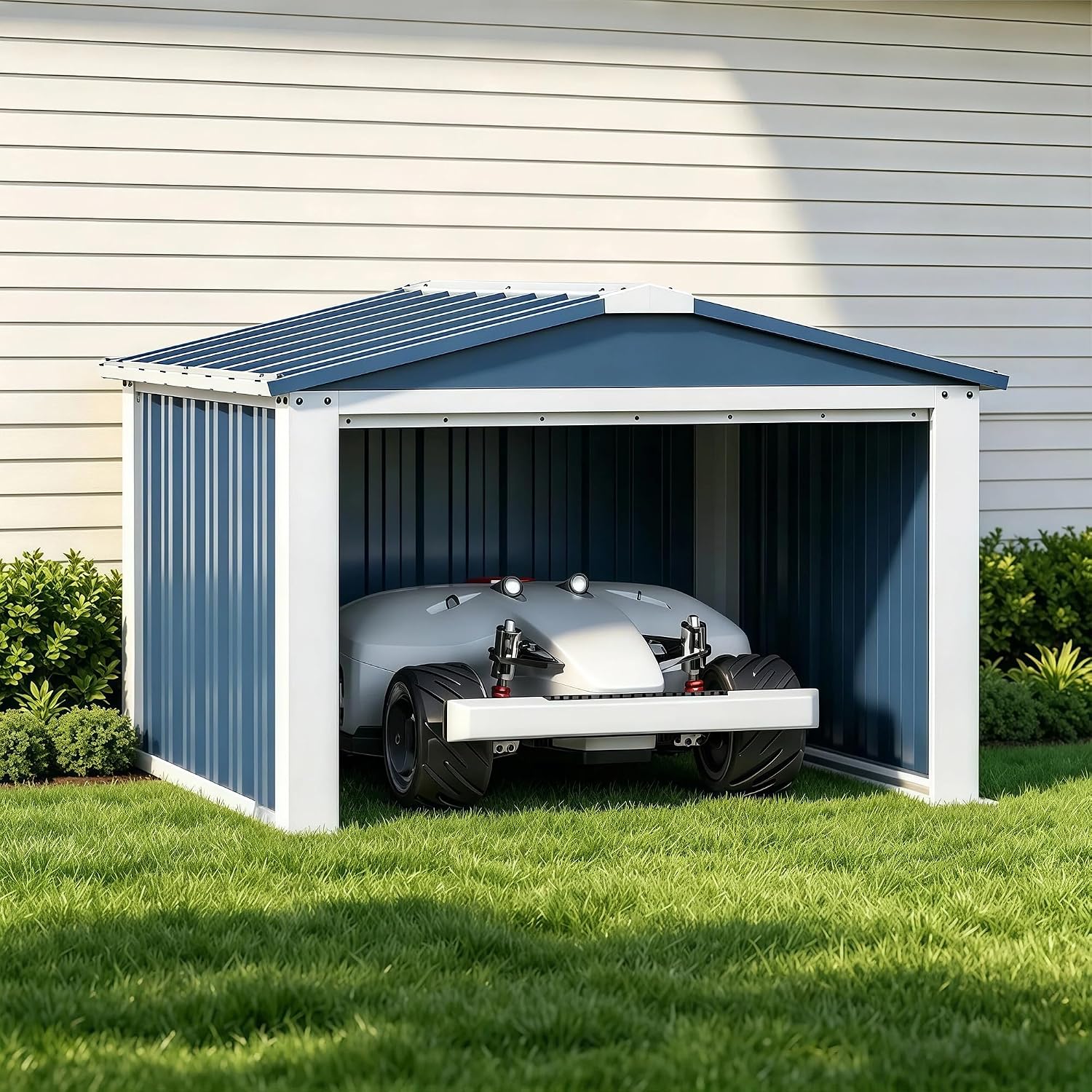 Metal Robot Mower Garage, 3 x 3 FT, Blue | Open-front steel shelter for robotic mowers; 33.07"D x 33.14"W x 24"H