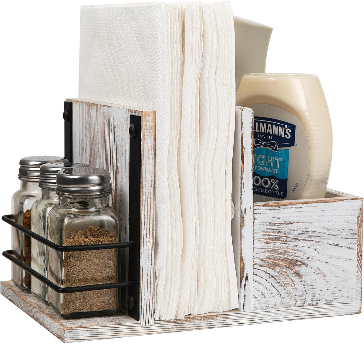 Rustic Whitewashed Wooden Kitchenware Organizer Napkin Utensil Spice Holders Table Seasoning Shakers Chalkboard Label