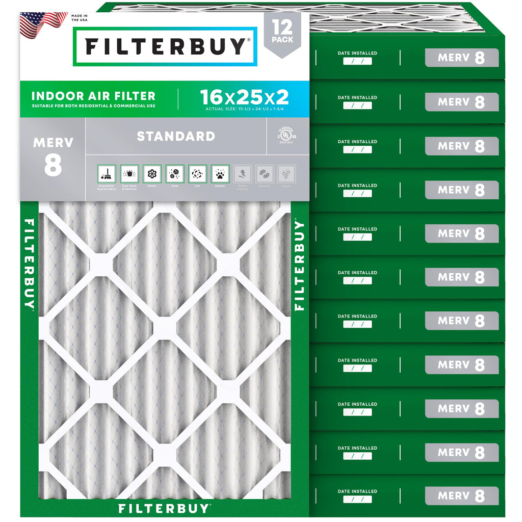 16x25x2 Air Filter MERV 8 Dust & Allergy Defense (12-Pack)