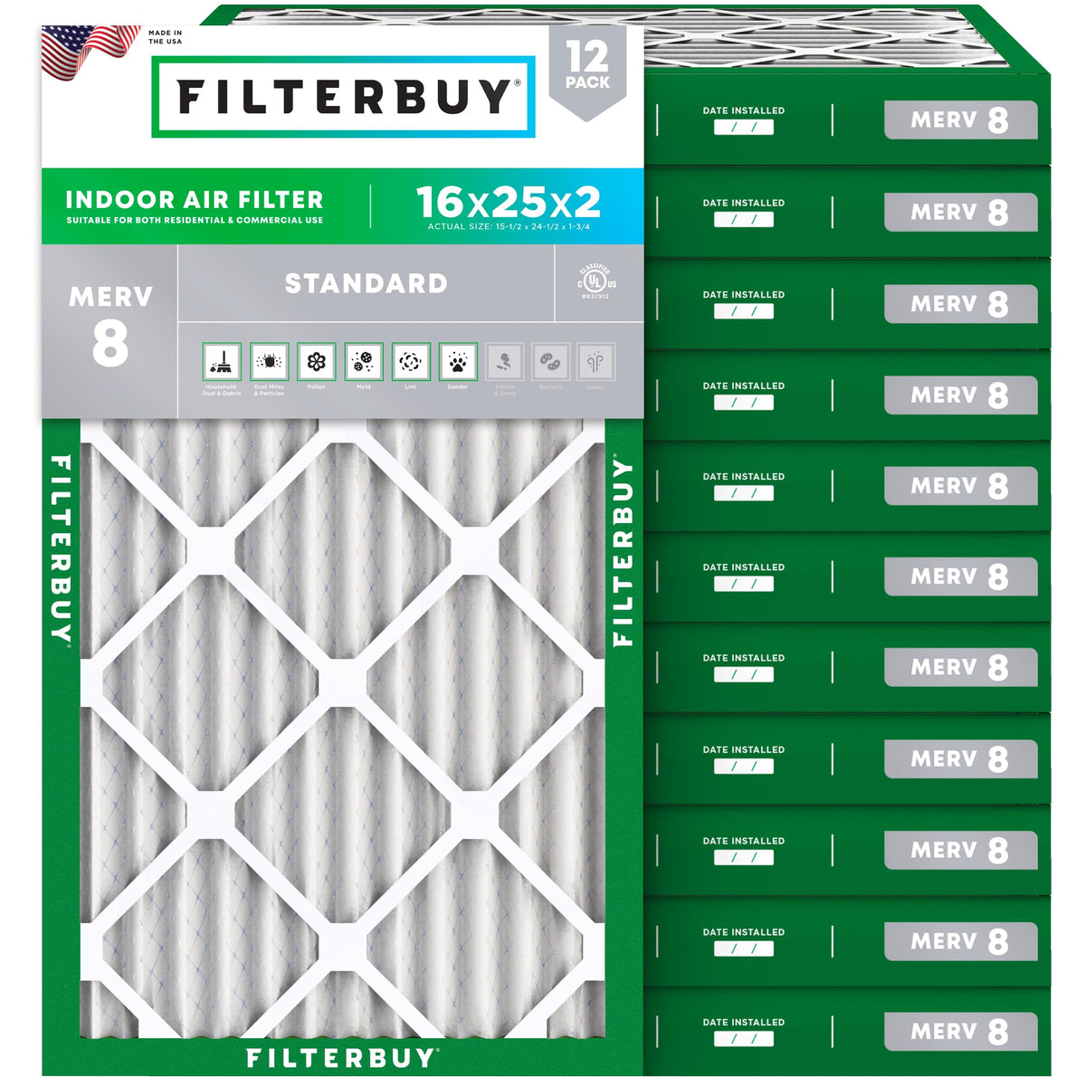 16x25x2 Air Filter MERV 8 Dust & Allergy Defense (12-Pack)