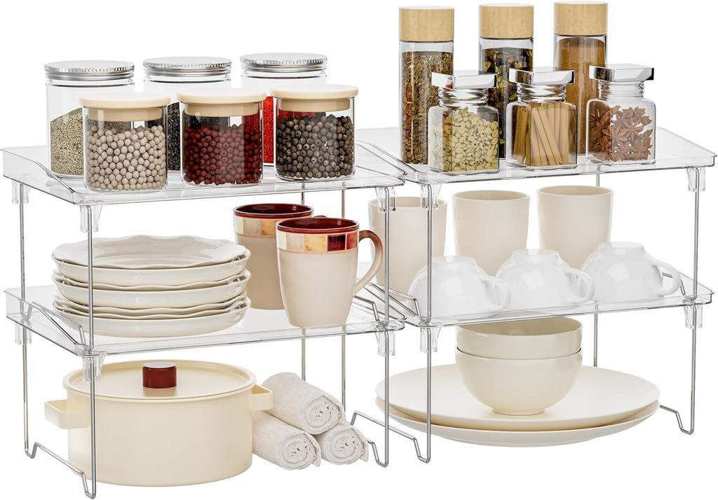 Acrylic Cabinet Organizer Shelf,4 Pcs Stackable Kitchen Counter Shelves,Spice Rack,Countertop Organizers,Clear