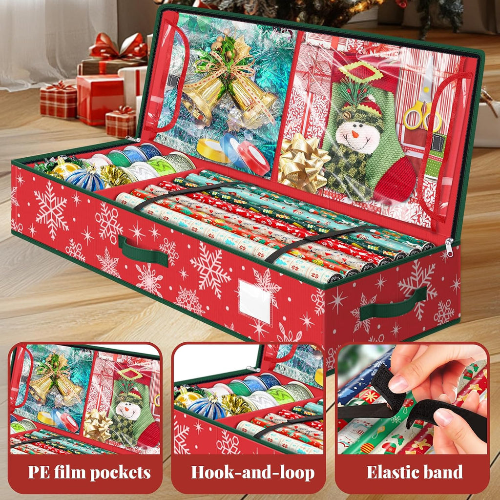 Christmas Gift Wrap Organizer Storage Box for Paper & Decor Snowflake Red | Nonwoven Fabric with Reinforced