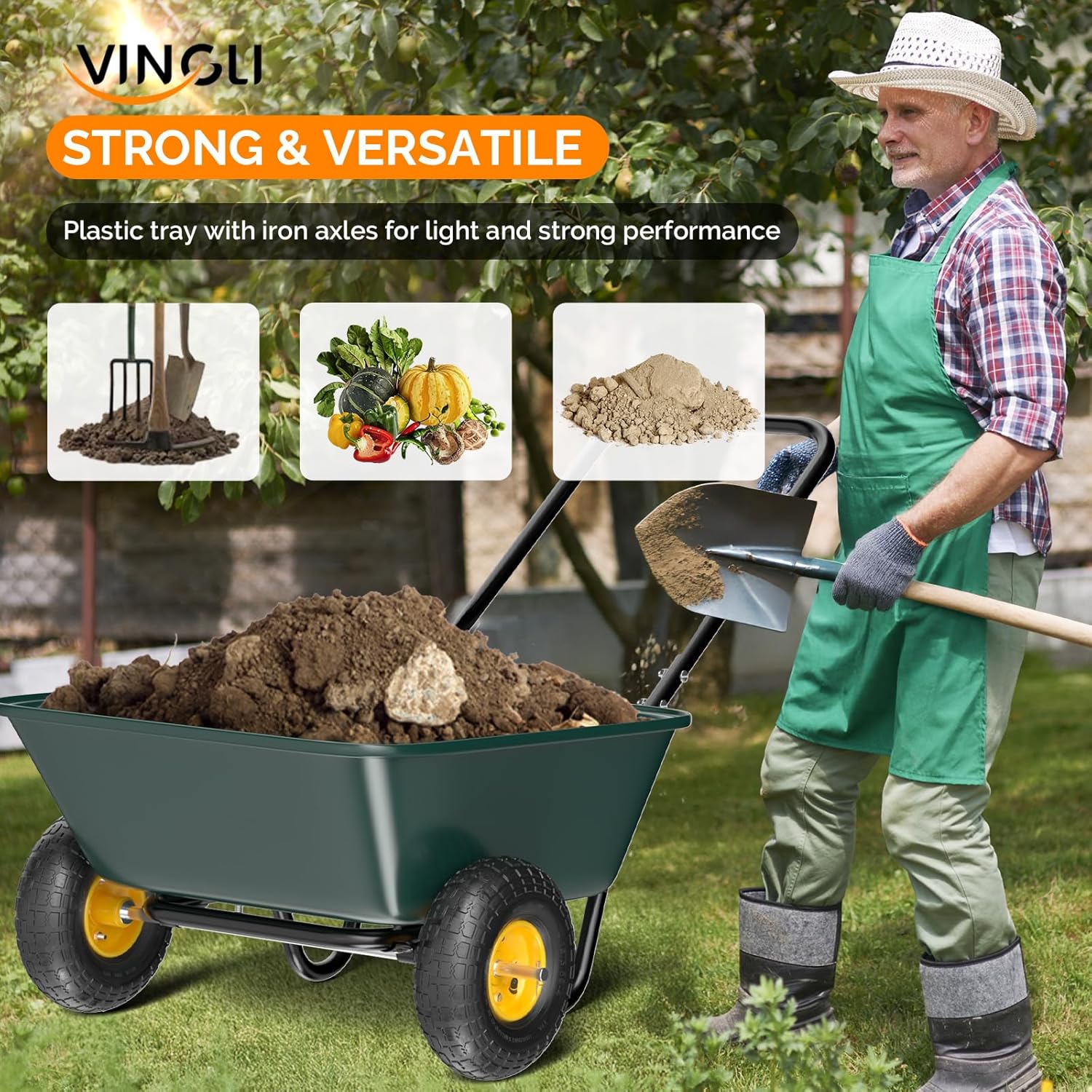 2 Wheel Wheelbarrow, Plastic and Steel Wheel Barrel, 330lbs Capacity Garden Cart for Lawn, Gardening, Construction