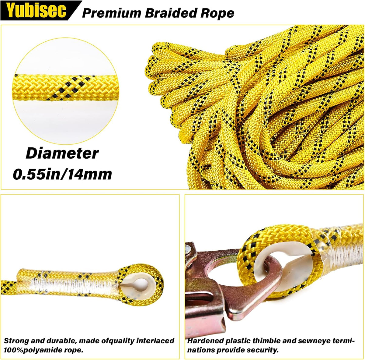Rope Harness Safety Lanyard 100FT, Vertical Lifeline Assembly | Grab Snap Hooks Shock Absorber, Fall Protection Tree