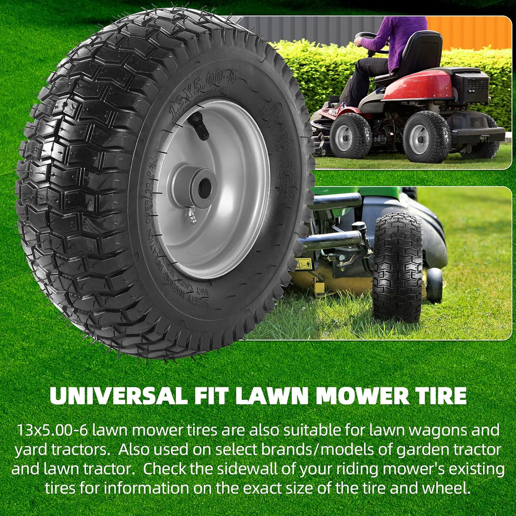 13 x 5.00-6 Lawn Mower Tire and Wheel, 2 Pack | Fits Riding Mowers & Lawn Tractors, 3" Centered Hub, 3/4" Bushings