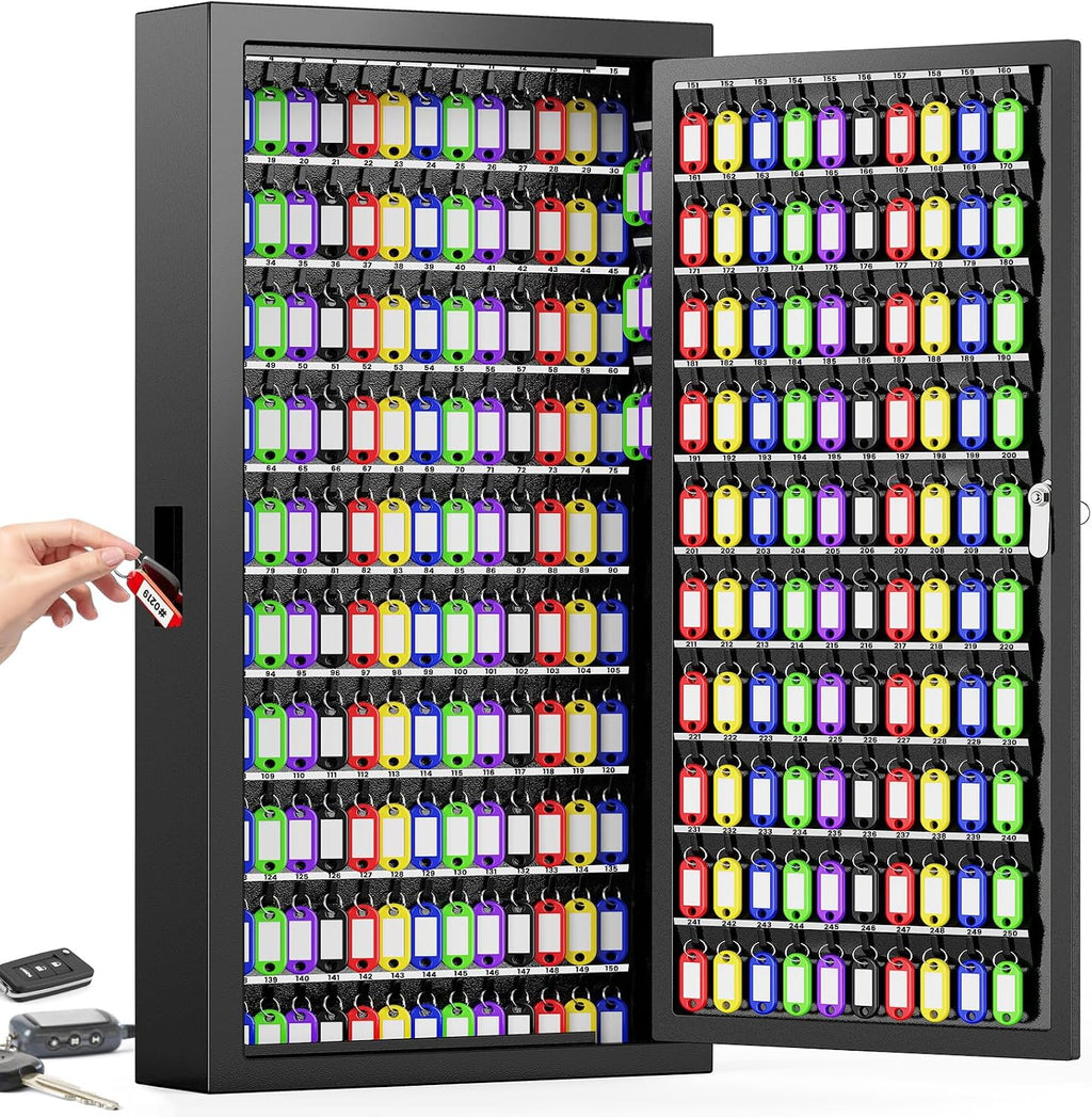 250 Keys Key Lock Box Wall Mount with Additional 24 Side Hooks and Key Tags | Anti-Theft Key Cabinet with Side Drop