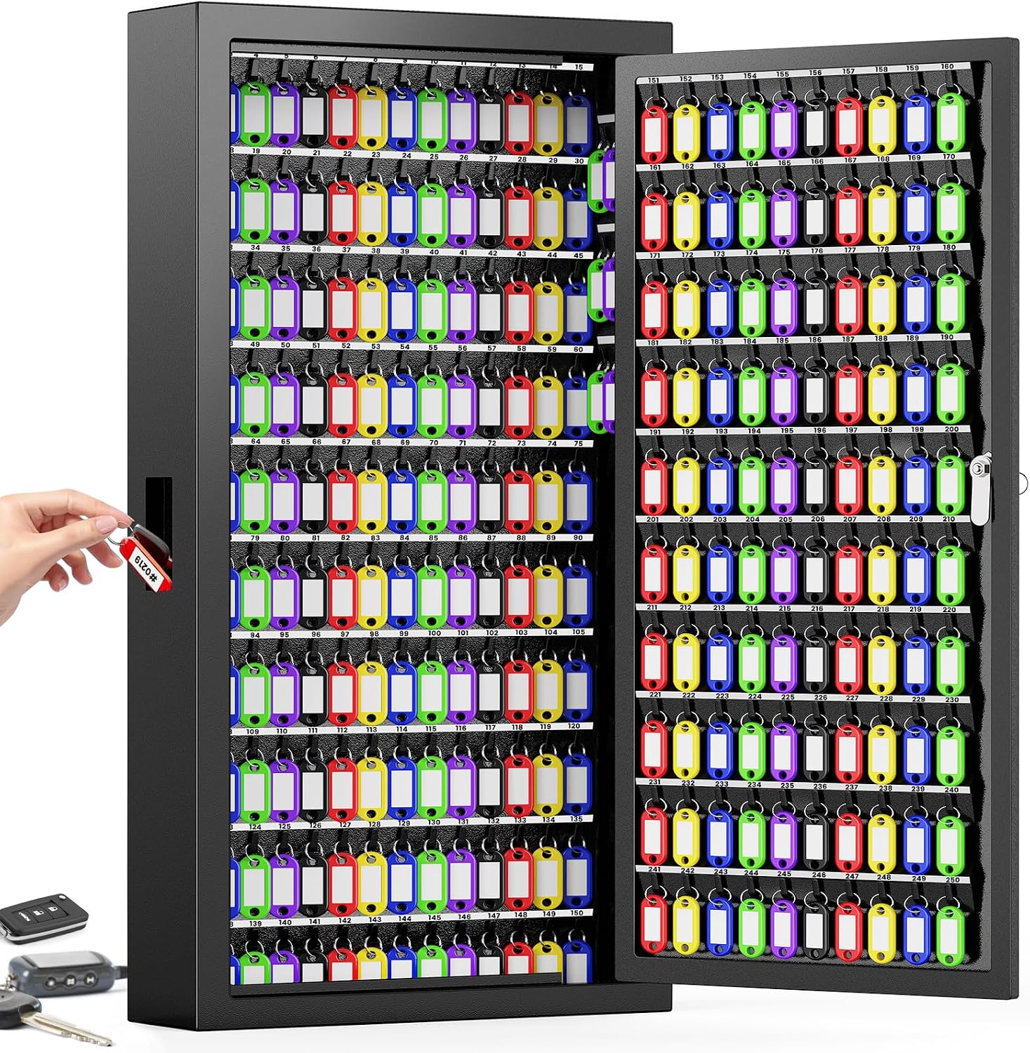 250 Keys Key Lock Box Wall Mount with Additional 24 Side Hooks and Key Tags | Anti-Theft Key Cabinet with Side Drop