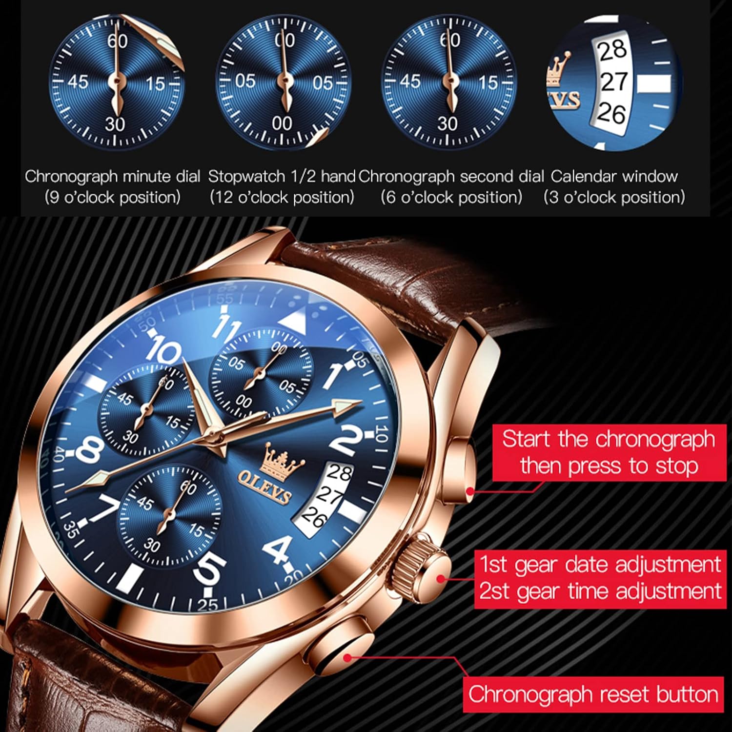 Watches for Men Case Waterproof Watches Leather Band Day Date Mens Watch Analog Quartz Chronograph Wristwatches
