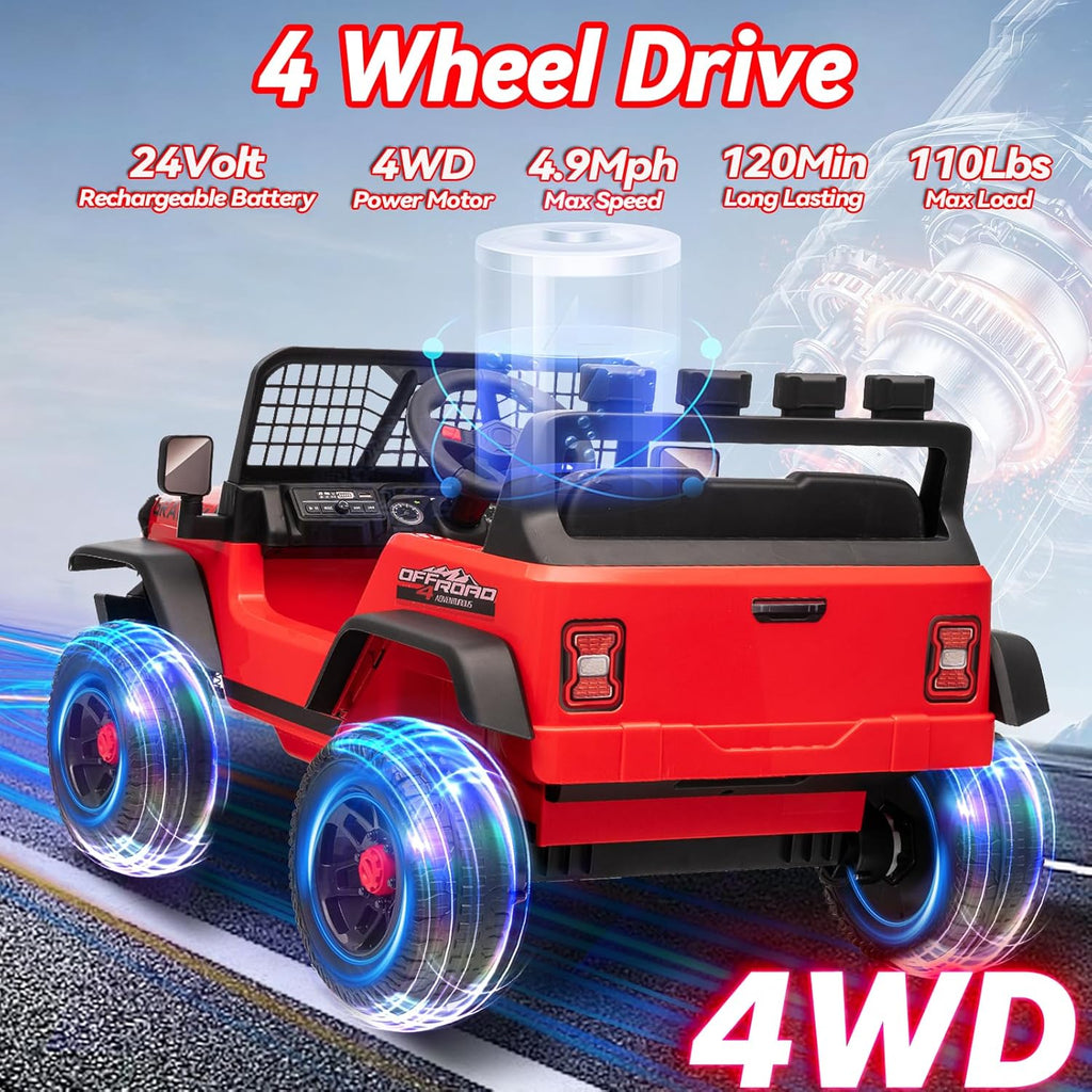 24V Ride on Toys w/Remote Control, 4WD Kids Ride on Truck Car, 3 Speed, Bluetooth Music, Wide Seat, Spring