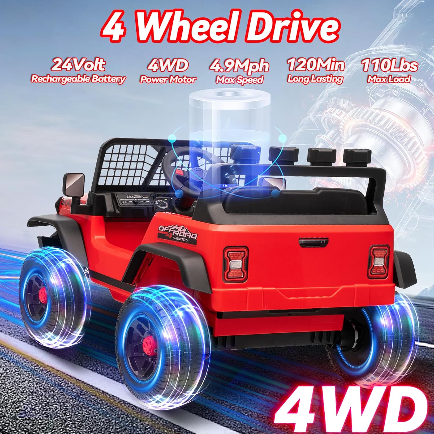 24V Ride on Toys w/Remote Control, 4WD Kids Ride on Truck Car, 3 Speed, Bluetooth Music, Wide Seat, Spring
