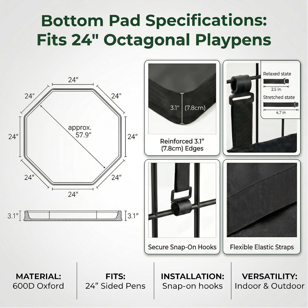 Octagonal Dog Playpen with Bottom Pad - Metal Foldable Exercise Pen, 8 Panels 24" H x 24" W Indoor Outdoor Pet Fence