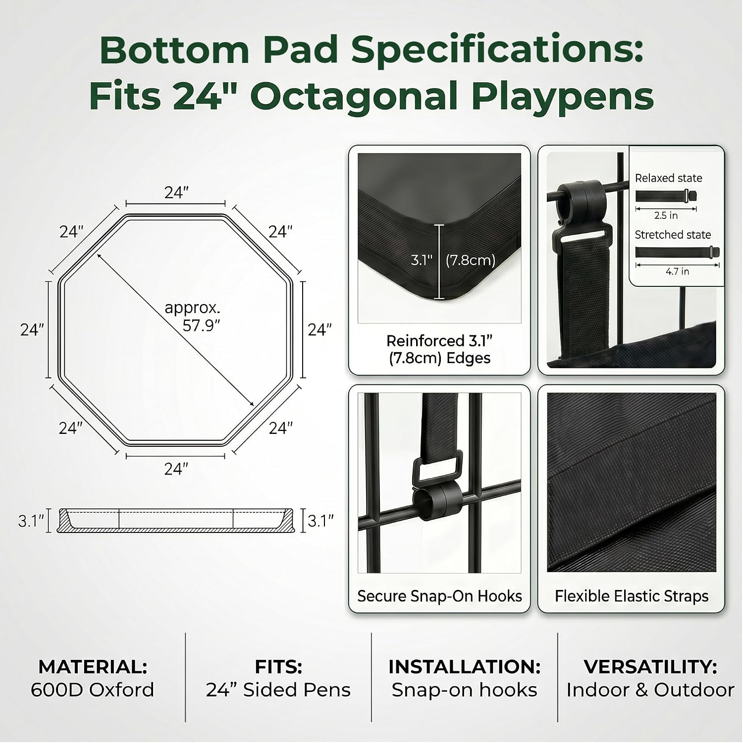 Octagonal Dog Playpen with Bottom Pad - Metal Foldable Exercise Pen, 8 Panels 24" H x 24" W Indoor Outdoor Pet Fence