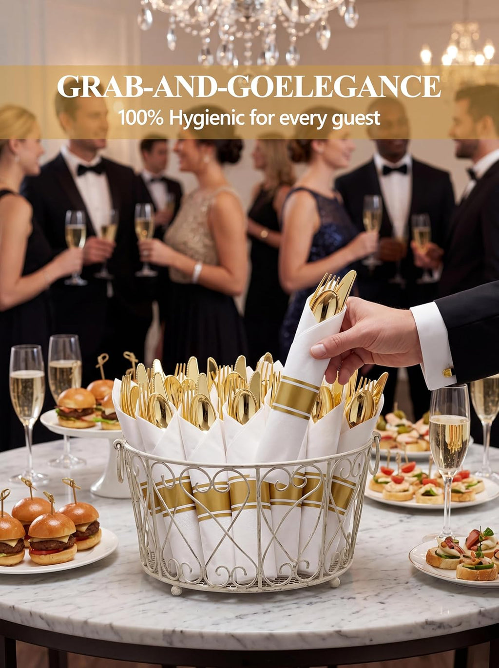 60pack Pre Rolled Gold Plastic Silverware Set with Napkins
