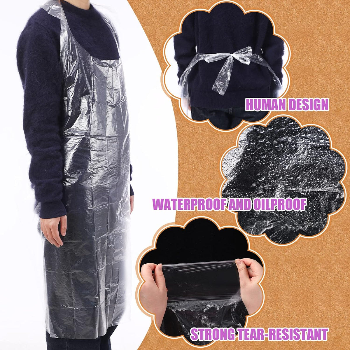 200 Pack 44 x 30'' Plastic Disposable Aprons Large Clear for Cooking