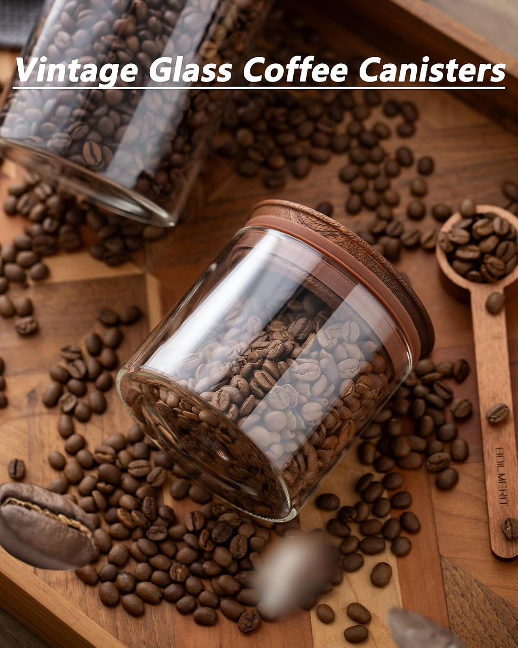 17 oz Coffee Canister with Scoop and Wooden Lids, Airtight Glass Coffee Beans Storage Container Sets of 2 for Ground