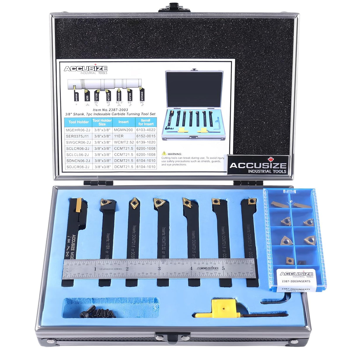 Accusize Industrial Tools 7 Pieces/Set 3/8'' Indexable Carbide Turning Tool Set with 10 Extra Carbide Inserts in Fitted Box, 2387-2003plus