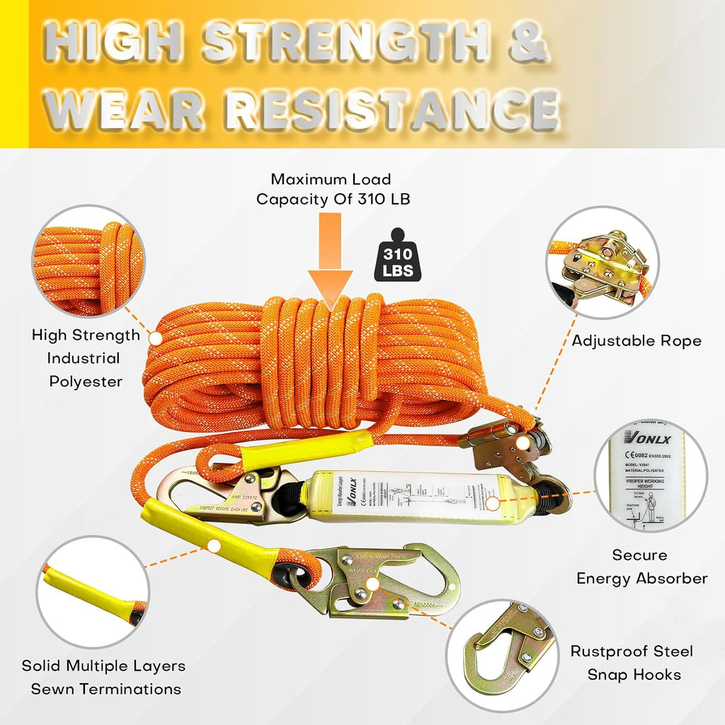 Fall Protection Safety Rope 25FT Heavy Duty Vertical Roofing Rope with Alloy Steel Grab Snap Hooks Shock Absorber