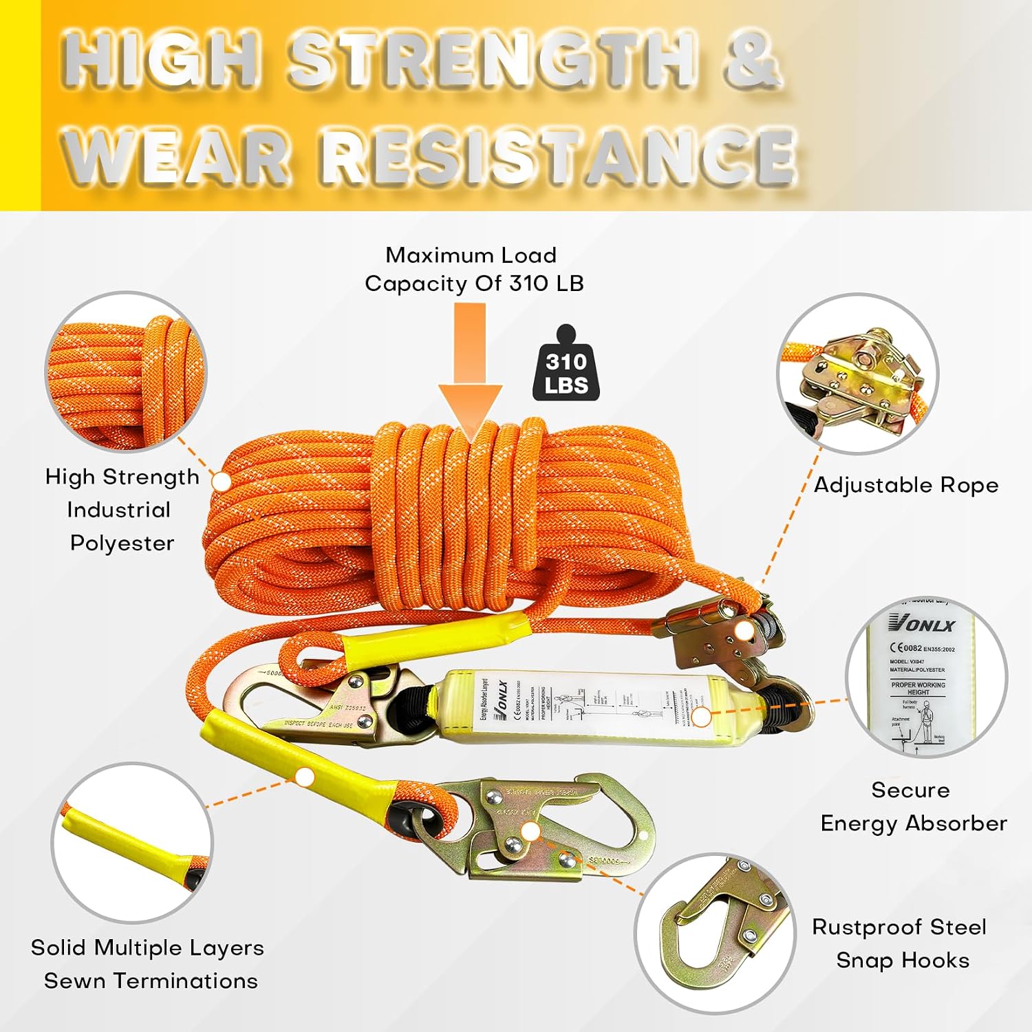 Fall Protection Safety Rope 25FT Heavy Duty Vertical Roofing Rope with Alloy Steel Grab Snap Hooks Shock Absorber