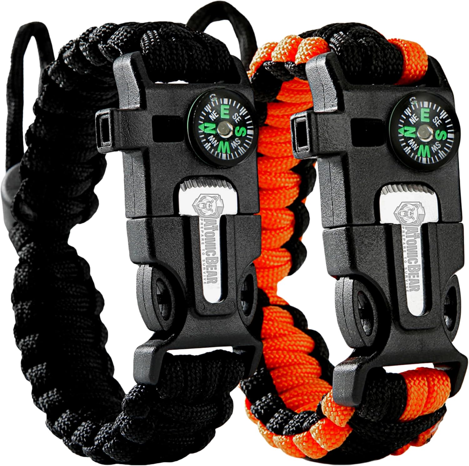 Atomic Bear Paracord Bracelet (2 Pack) - Adjustable - Fire Starter - Loud Whistle - Perfect for Hiking, Camping