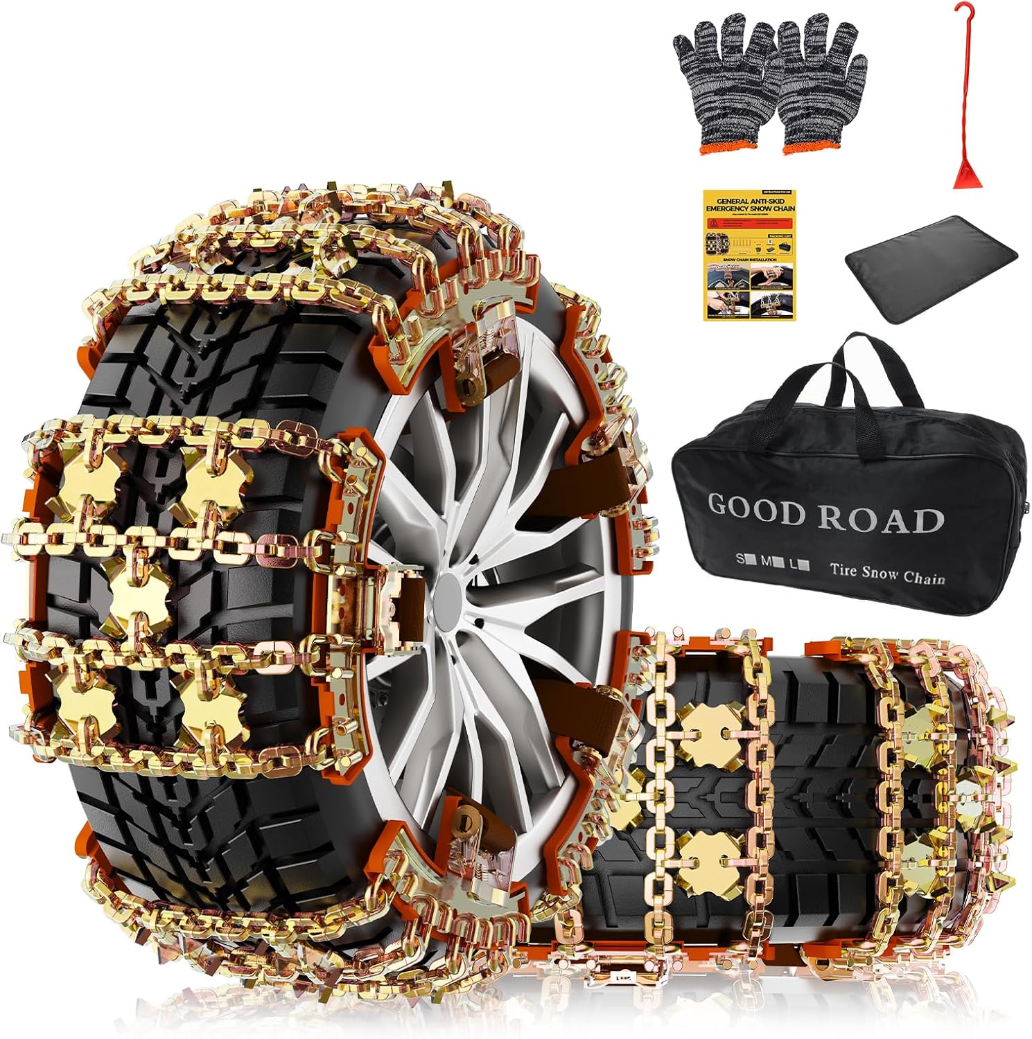 Snow Tire Chains for Car/SUV/Pickup, Adjustable Universal Emergency Alloy Steel Snow Chains for Off-road SUV Car