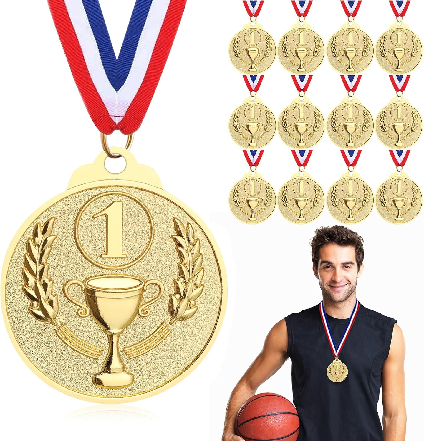12 Pcs Gold Medals for Awards, 1st 2nd 3rd Place Award Medal for Teens Adults, Metal Award Medals with Neck Ribbons