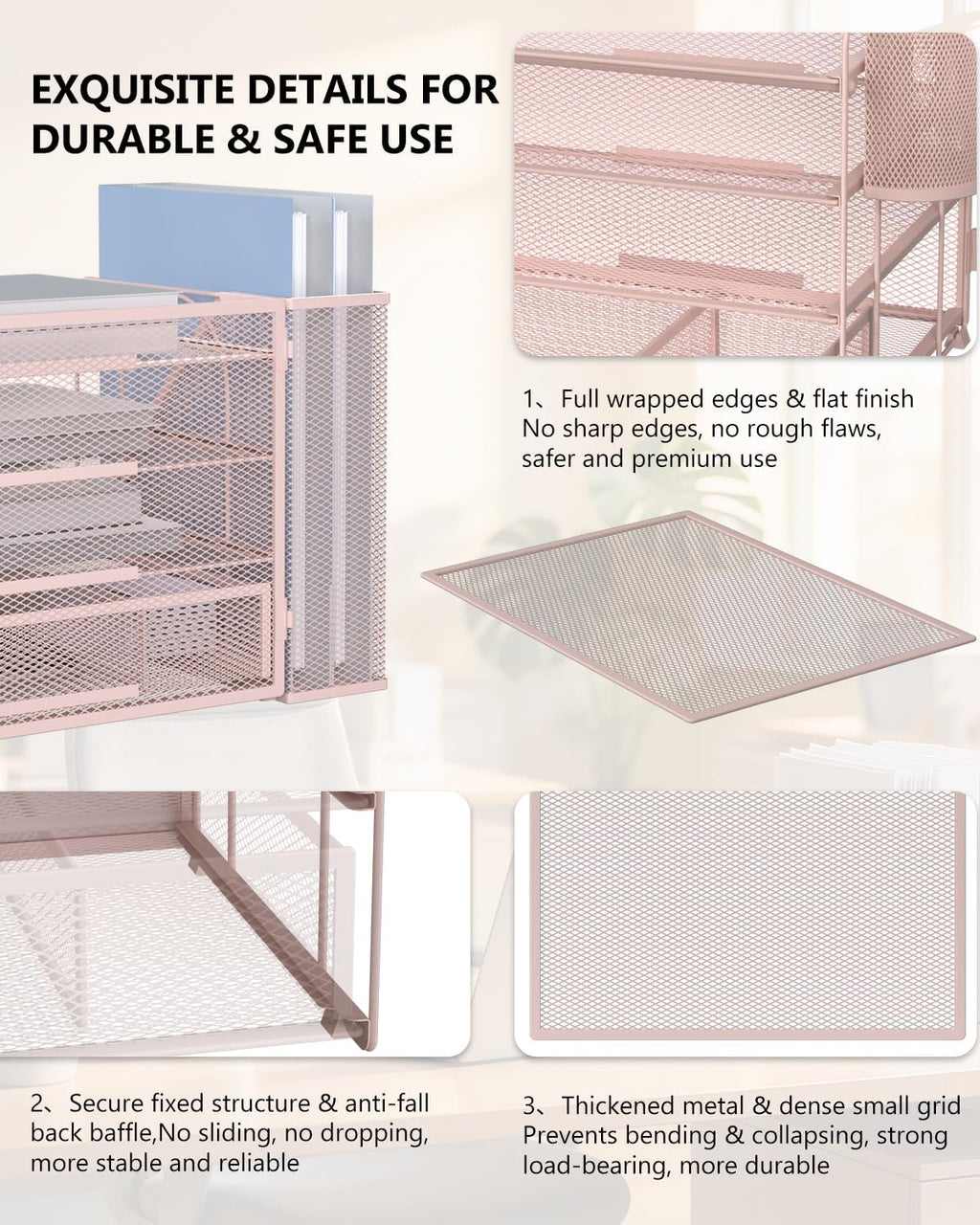 Desk File Organizer, 4 Tier Desktop Paper Letter Tray Organizer with Drawer and 2 Pen Holders, Office Desk