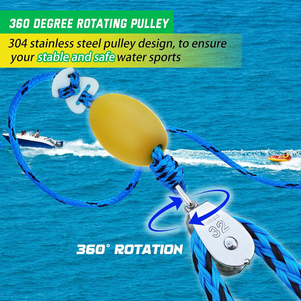 Self Centering Boat Tow Harness for Tubing, Boat Tow Rope Harness with Pulley and Large Hooks for Towing 1-4 Riders