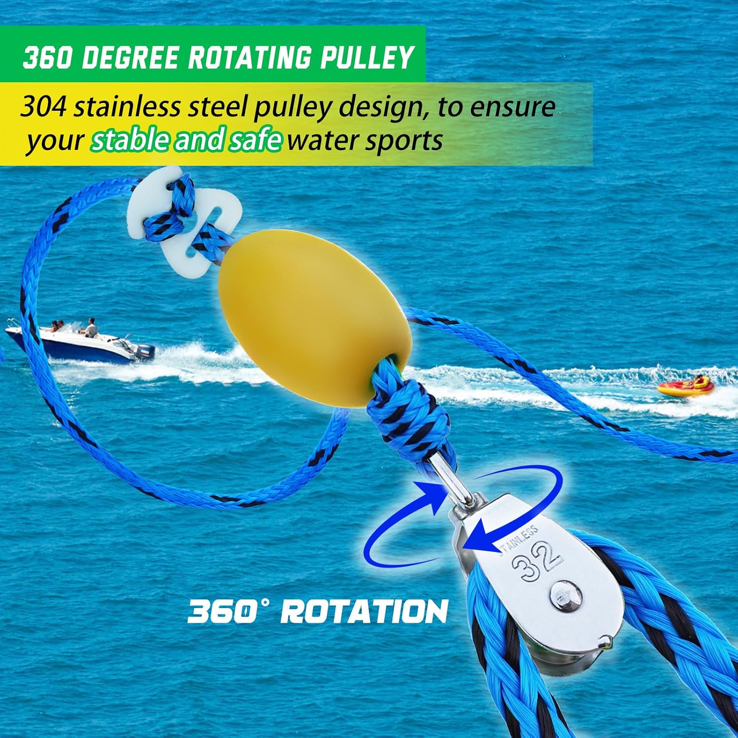 Self Centering Boat Tow Harness for Tubing, Boat Tow Rope Harness with Pulley and Large Hooks for Towing 1-4 Riders
