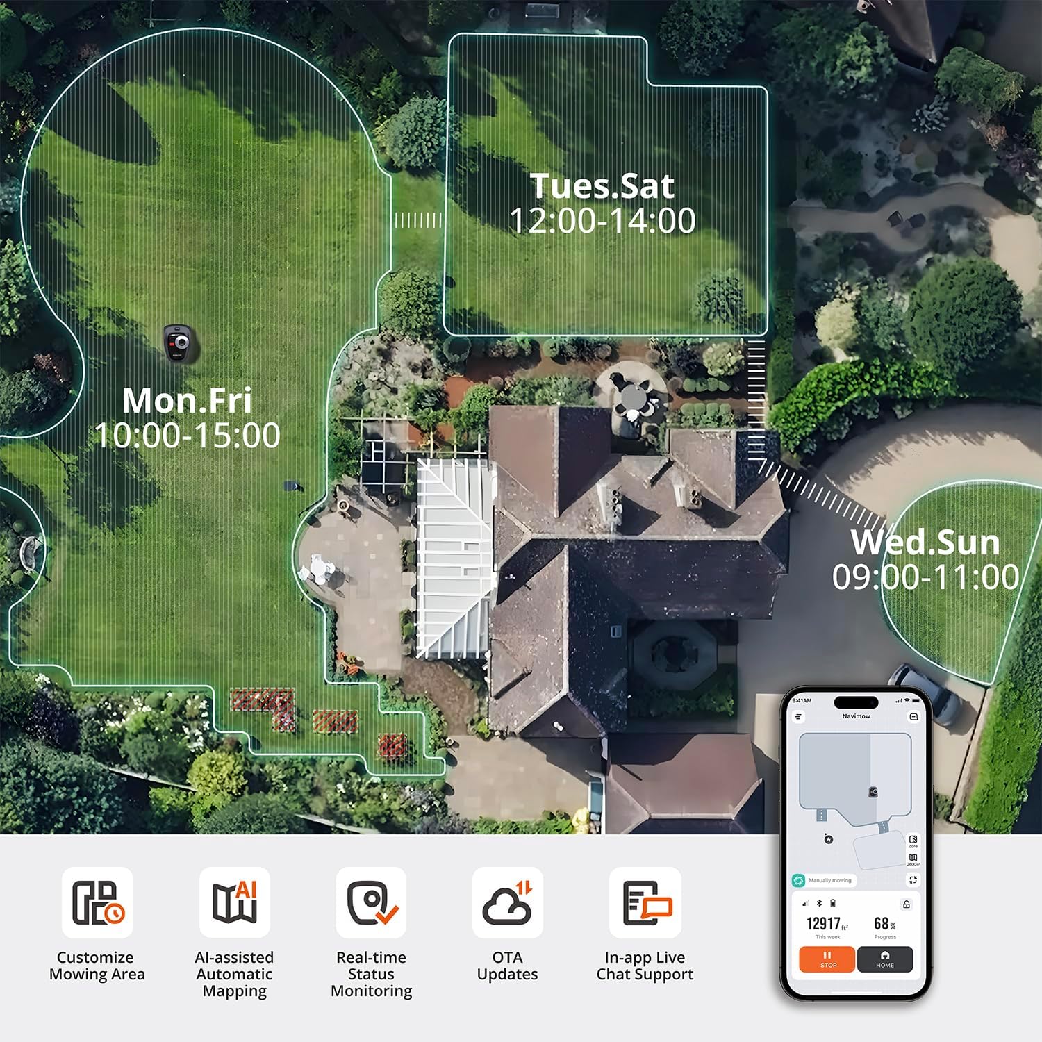 Segway Navimow i110N Robot Lawn Mower Perimeter Wire Free 1/4 Acre RTK+Vision Robotic Lawnmower, AI-Assisted Mapping