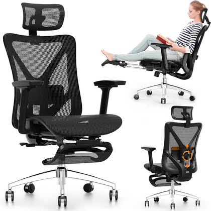 Ergonomic Office Chair with Footrest, 135° Reclining Desk Chair with Adjustable Lumbar Support,3D Armrest,Headrest &