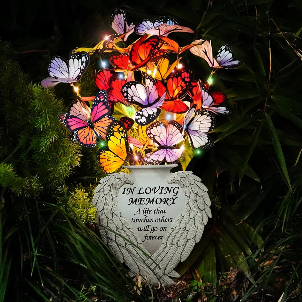 Solar Angel Wing Memorial Stake - Metal Silhouette Grave Decorations for Cemetery - Flat Outdoor Sympathy Gift with