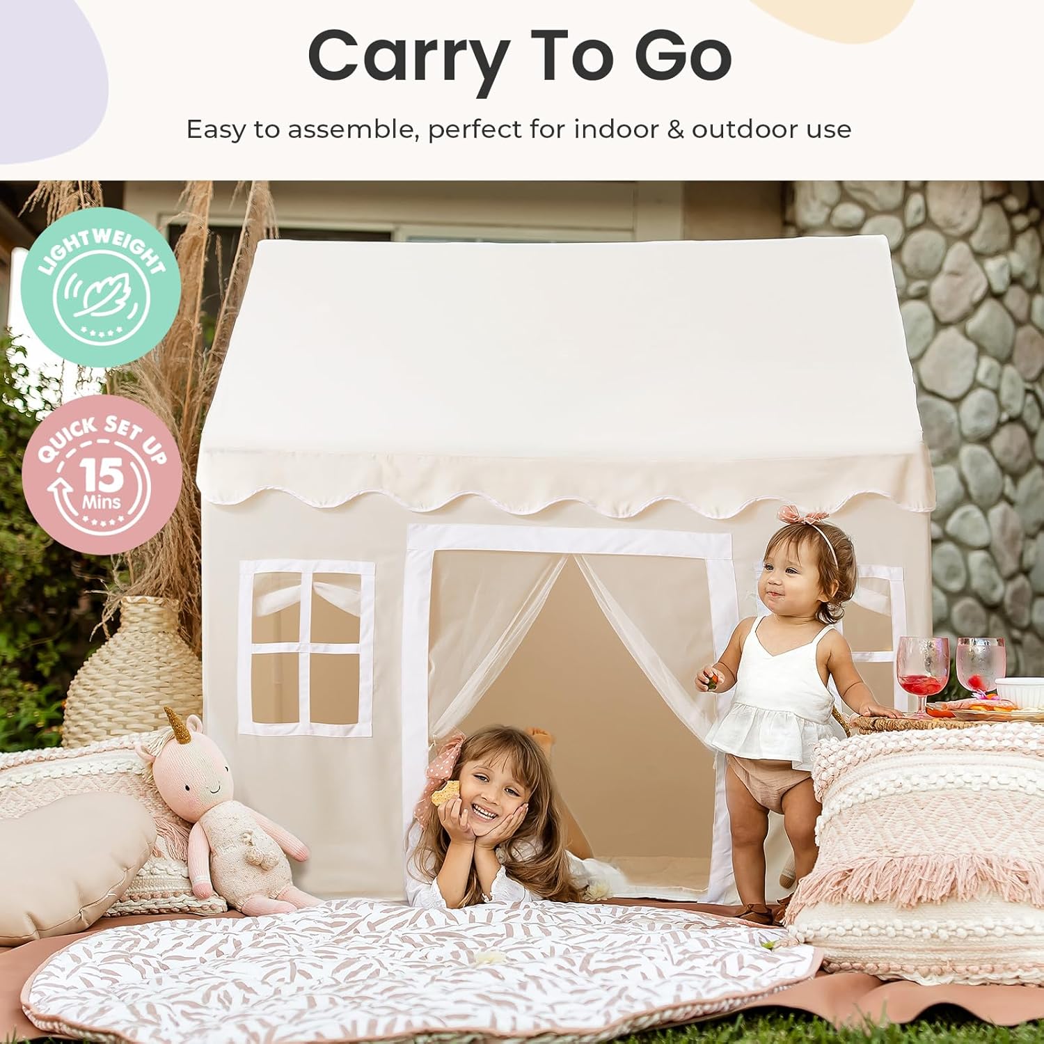 Play Tent with Padded Mat & LED Lights, 2-in-1 Foldable Kids Couch with Pockets