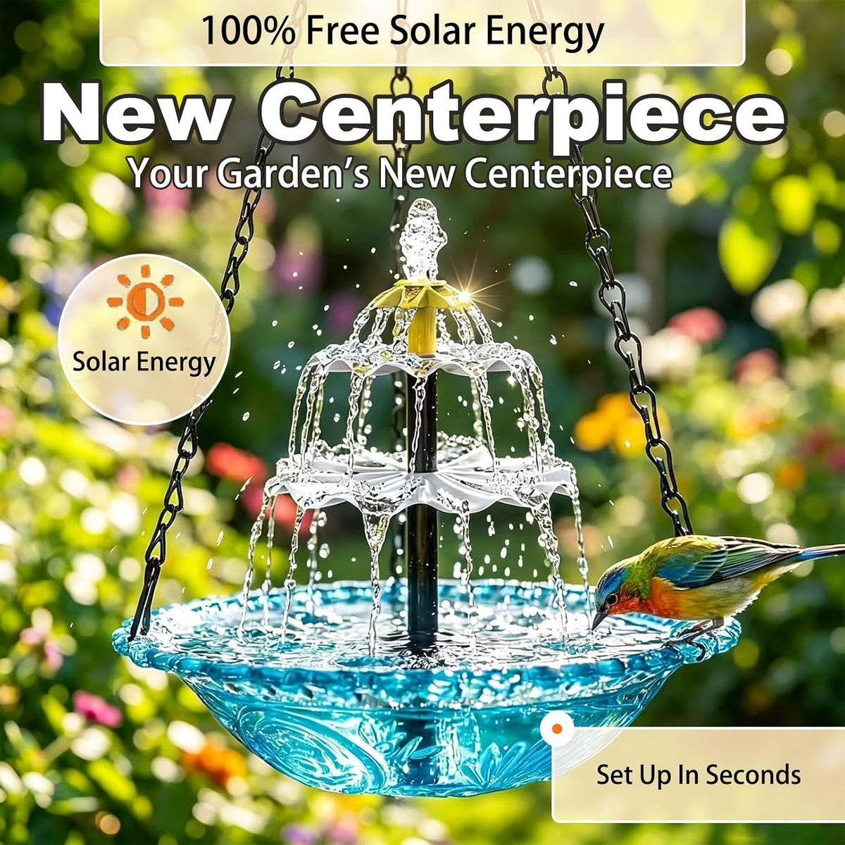 Solar Cascade Hanging Bird Bath Fountain for Outdoors, Gardens (Blue)