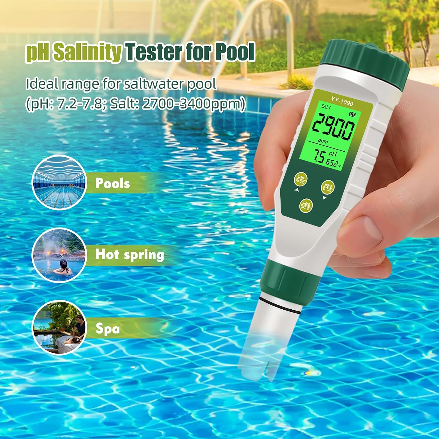 pH Meter for Water Hydroponics, 5-in-1 pH TDS EC Salt Tester for Water Nutrient Solution, Simultaneous Display of pH