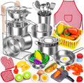 Kids Pretend Play Kitchen Toys Accessories Set, 32 Items Stainless Steel Toy Pots and Pans Sets w/ Rack Organizer