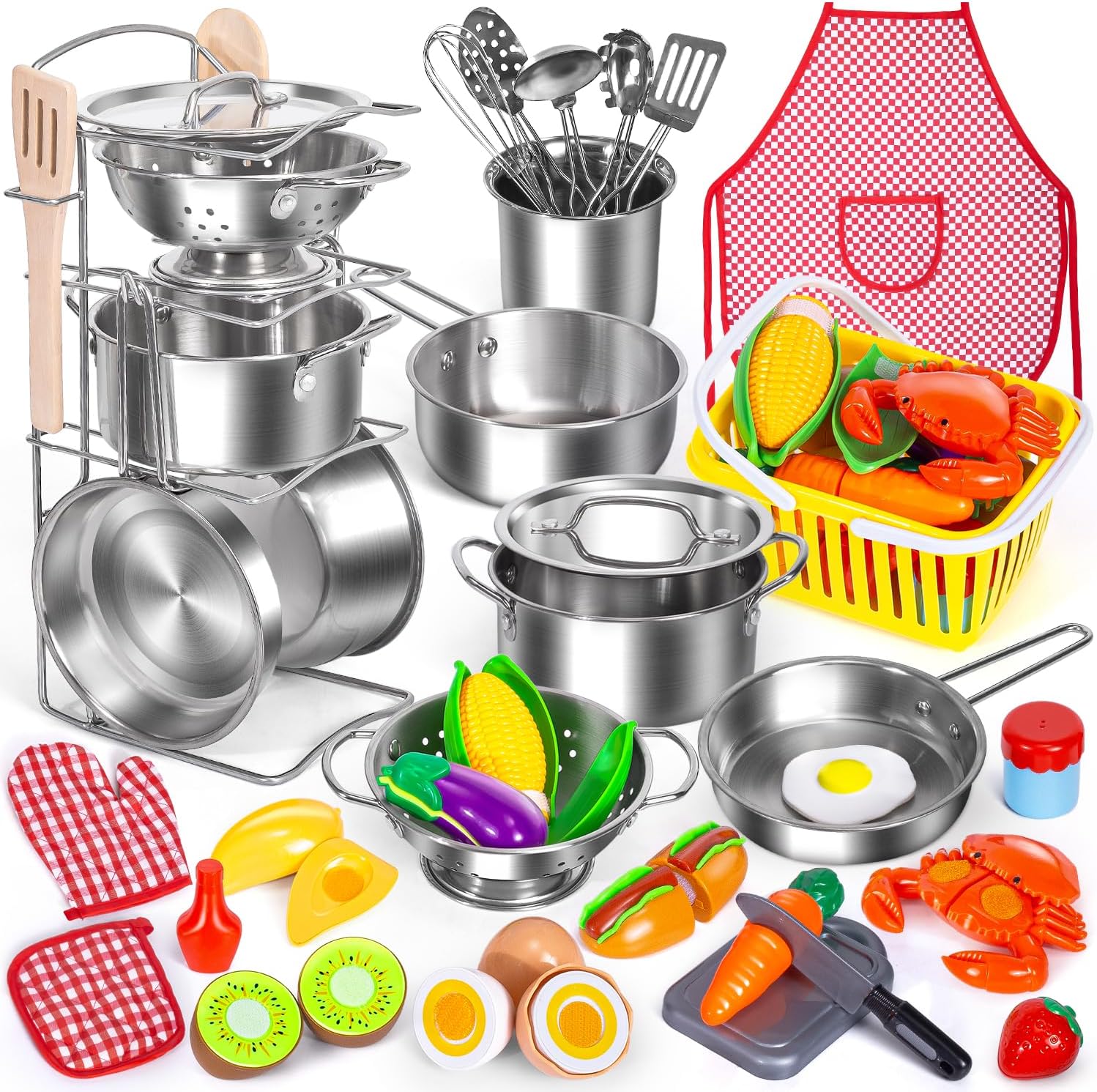 Kids Pretend Play Kitchen Toys Accessories Set, 32 Items Stainless Steel Toy Pots and Pans Sets w/ Rack Organizer