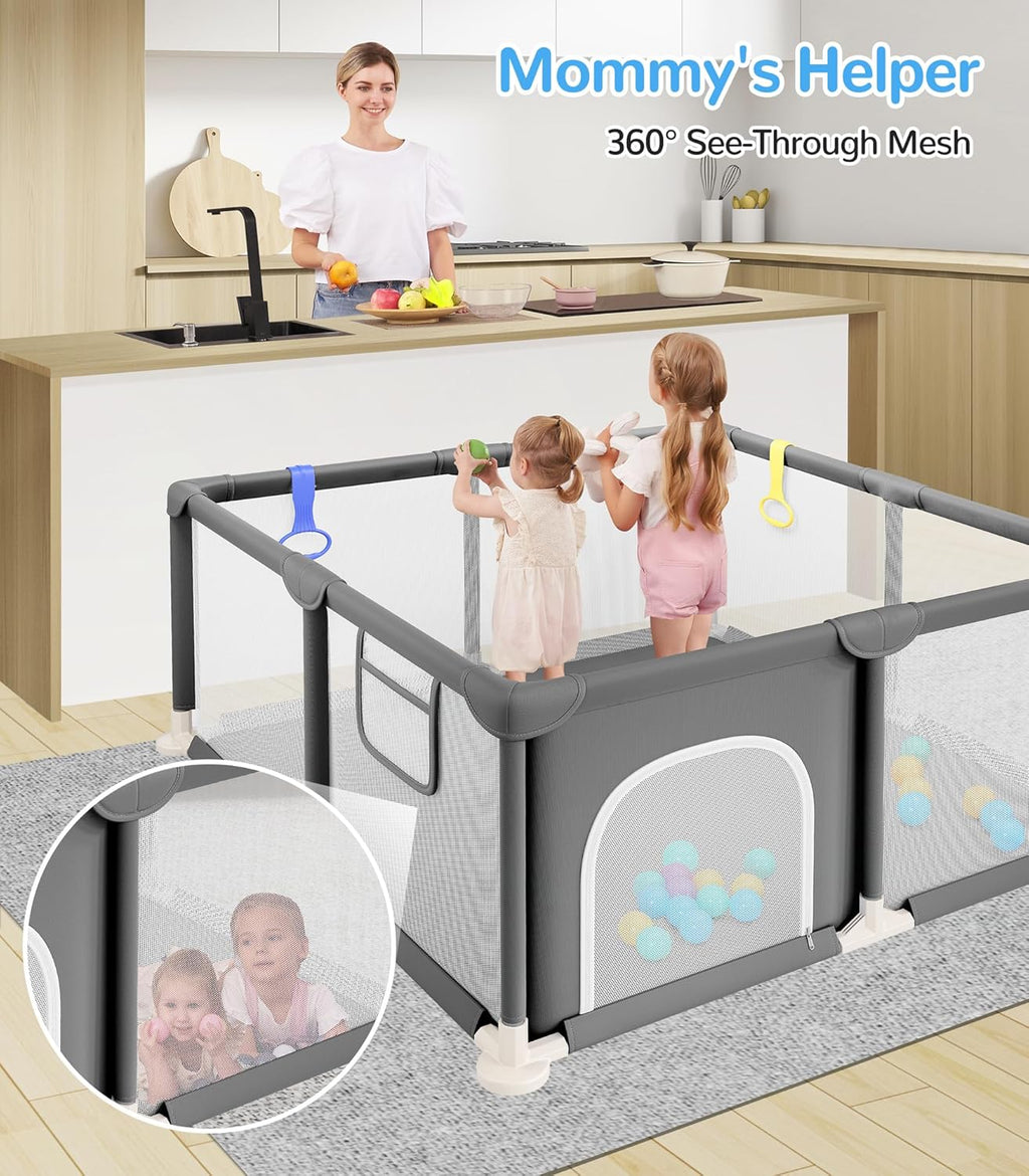 Baby Playpen, 47"x47" Small Play Pen for Babies, Grey | Breathable Visible Mesh, Anti-Fall Design, Easy Setup