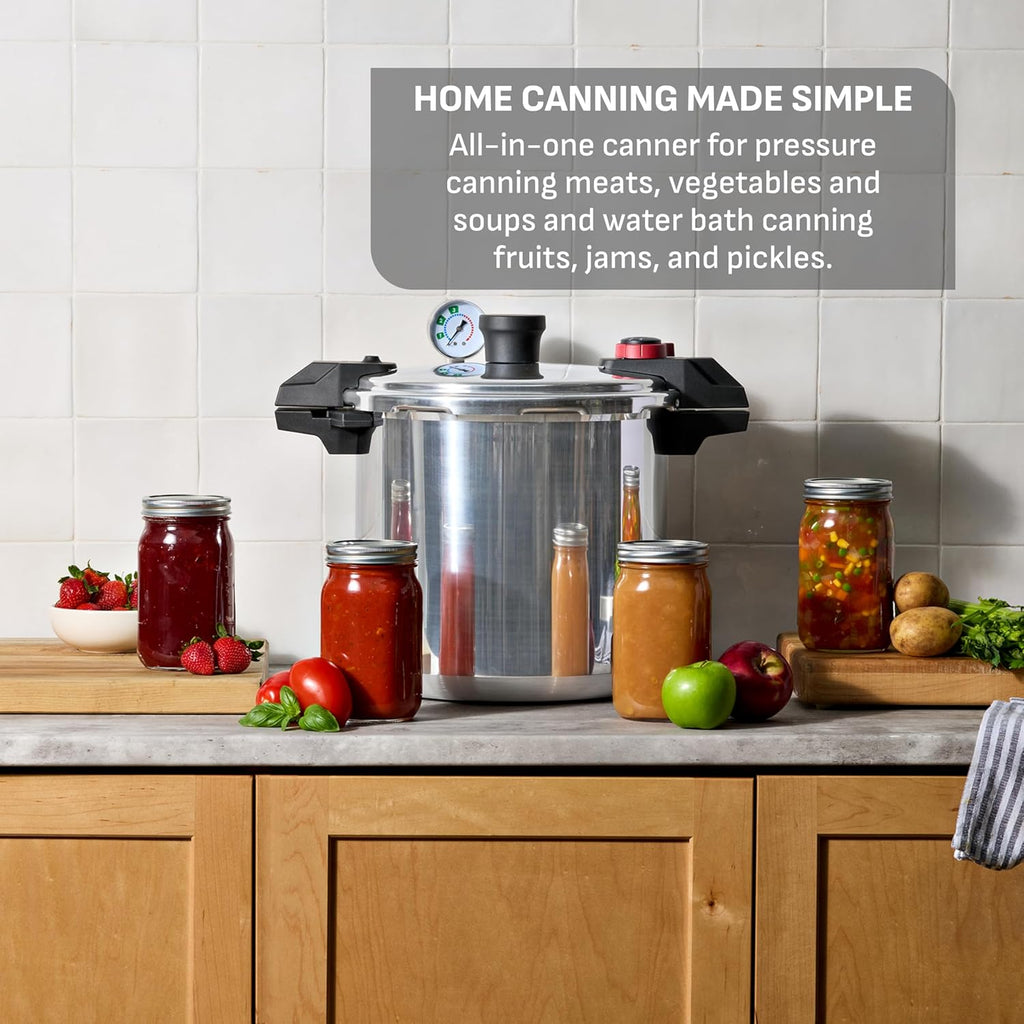 22-Quart Aluminum Pressure Canner, 3 PSI Settings, Home Canning, Includes Racks & Canning Guide, Large Capacity
