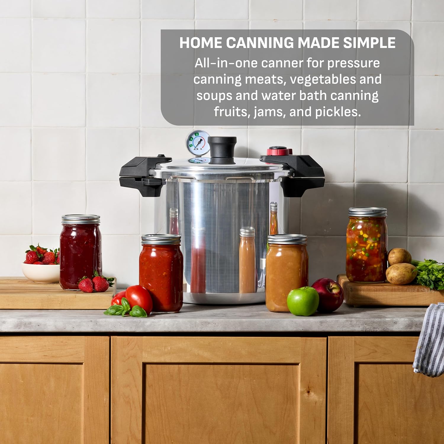 22-Quart Aluminum Pressure Canner, 3 PSI Settings, Home Canning, Includes Racks & Canning Guide, Large Capacity