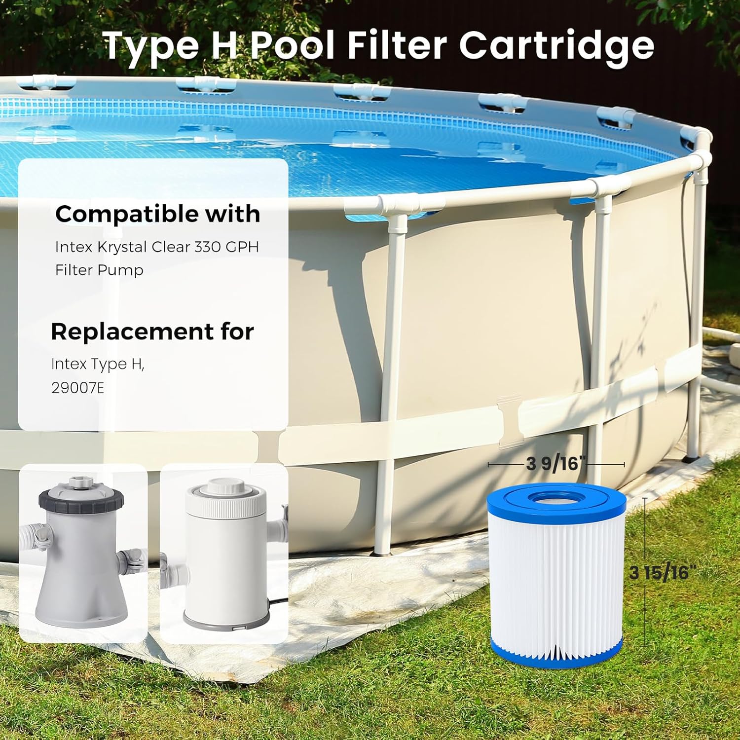 4 Pack Type H Pool Filter Cartridge Replacement for Intex 330 GPH Filter Pump for Above Ground Pools, Replace Type H